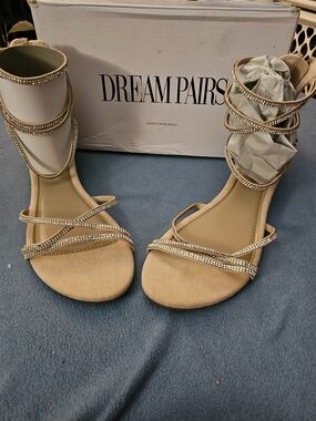 Dream Pairs Women's Beige Rhinestone Gladiator Sandals